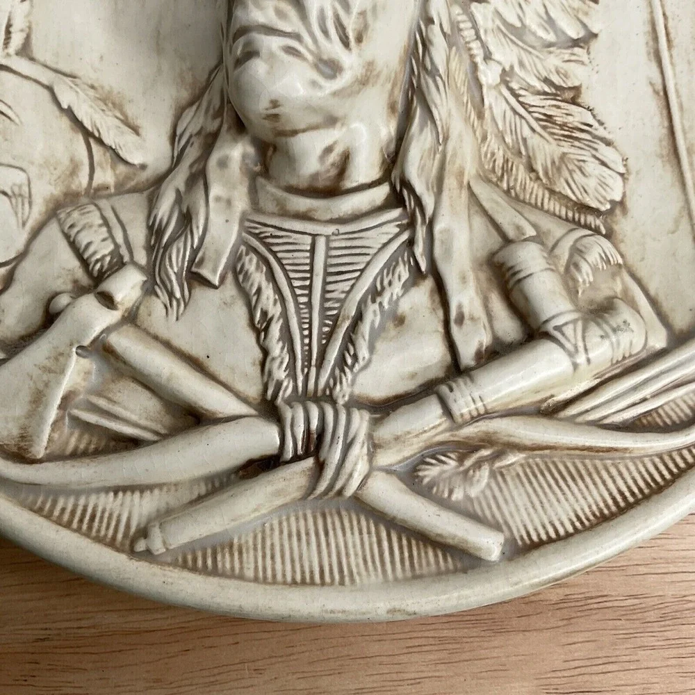VTG Handmade Native American‎ Indian Chief Plaque 3D Ceramic Plate Wall Decor 9